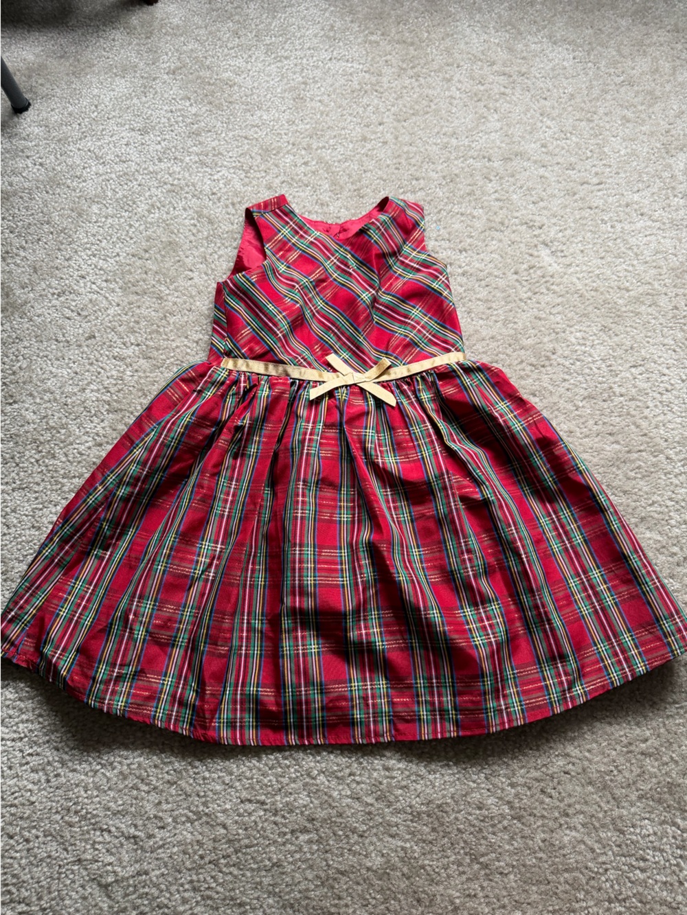 Girls' Red Plaid Holiday Dress with Gold Trim